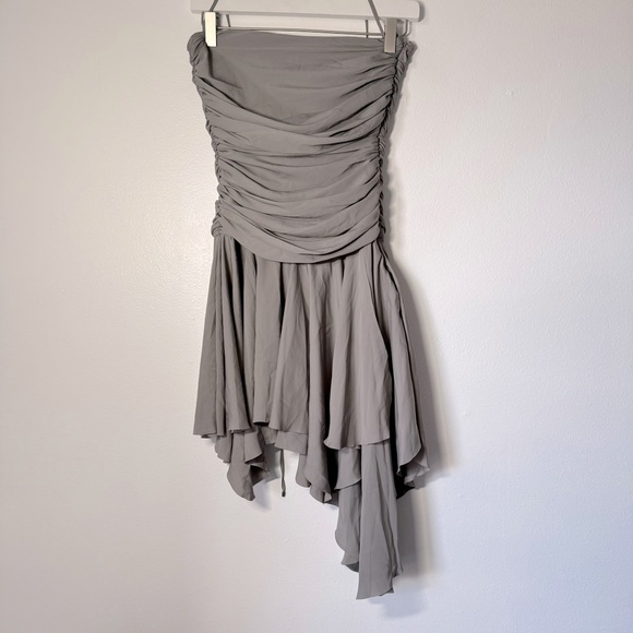 House of CB Valeria Ruched Asymmetrical Gray Mini Dress - Picture 2 of 8